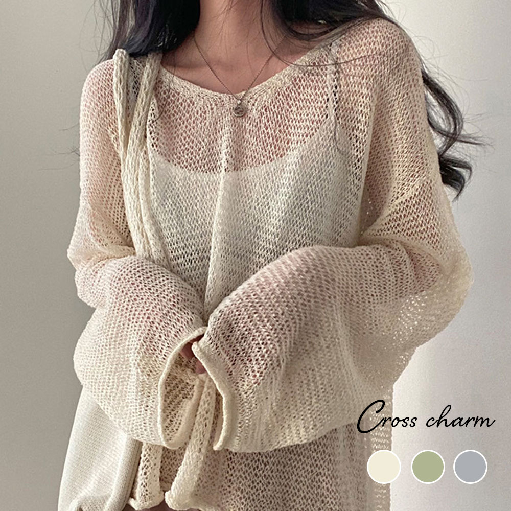 メッシュ編み シアー 透け感 プルオーバー ドロップショルダー ルーズ ゆったり オーバーサイズ カジュアル フェミニ 透けニット 韓国っぽ トップス 