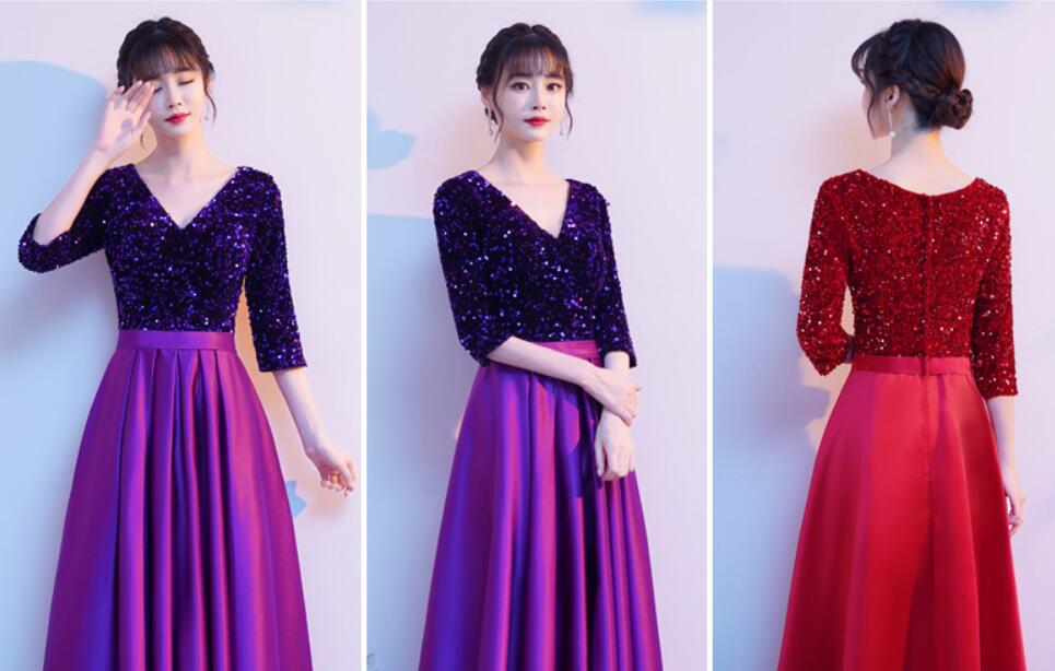 レディース ワンピース パーティードレス Vネック イブニングドレス スパンコール付き フレアドレス コンサート フォーマル 二次会 忘年会 演奏会披露宴 