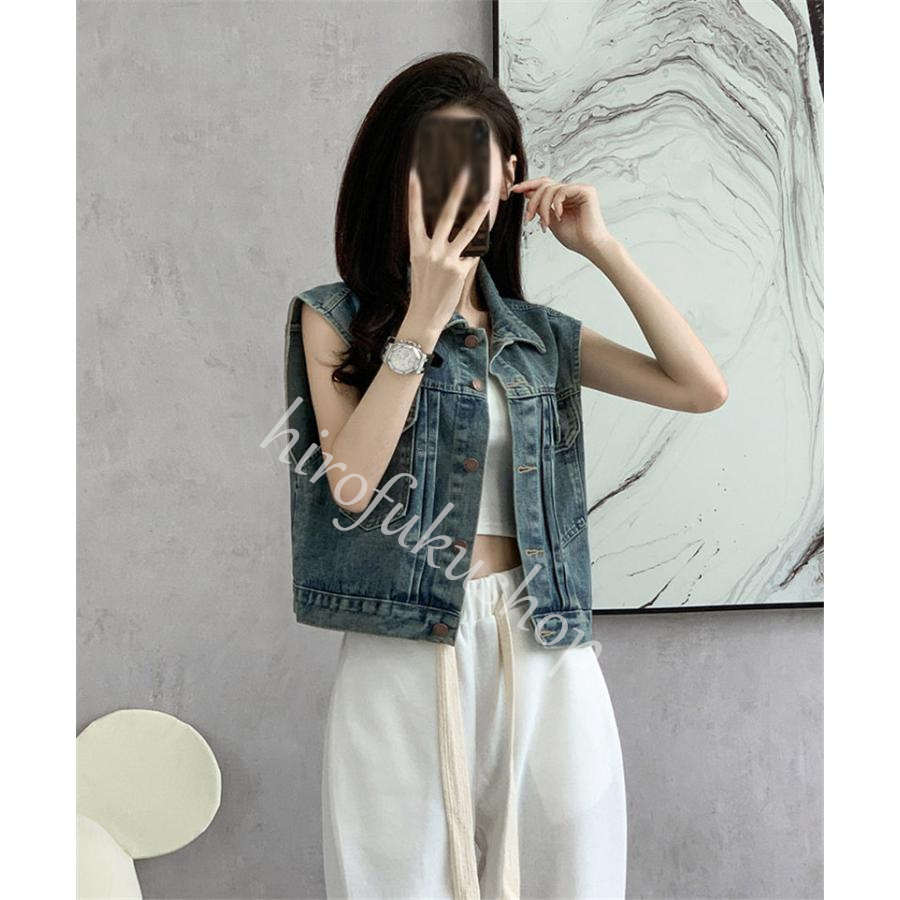 デニムベスト レディース ジレ ベスト ノースリーブ トップス アウター 前開き デニムジャケット 羽織り ショート丈 着痩せ カジュアル シンプル 
