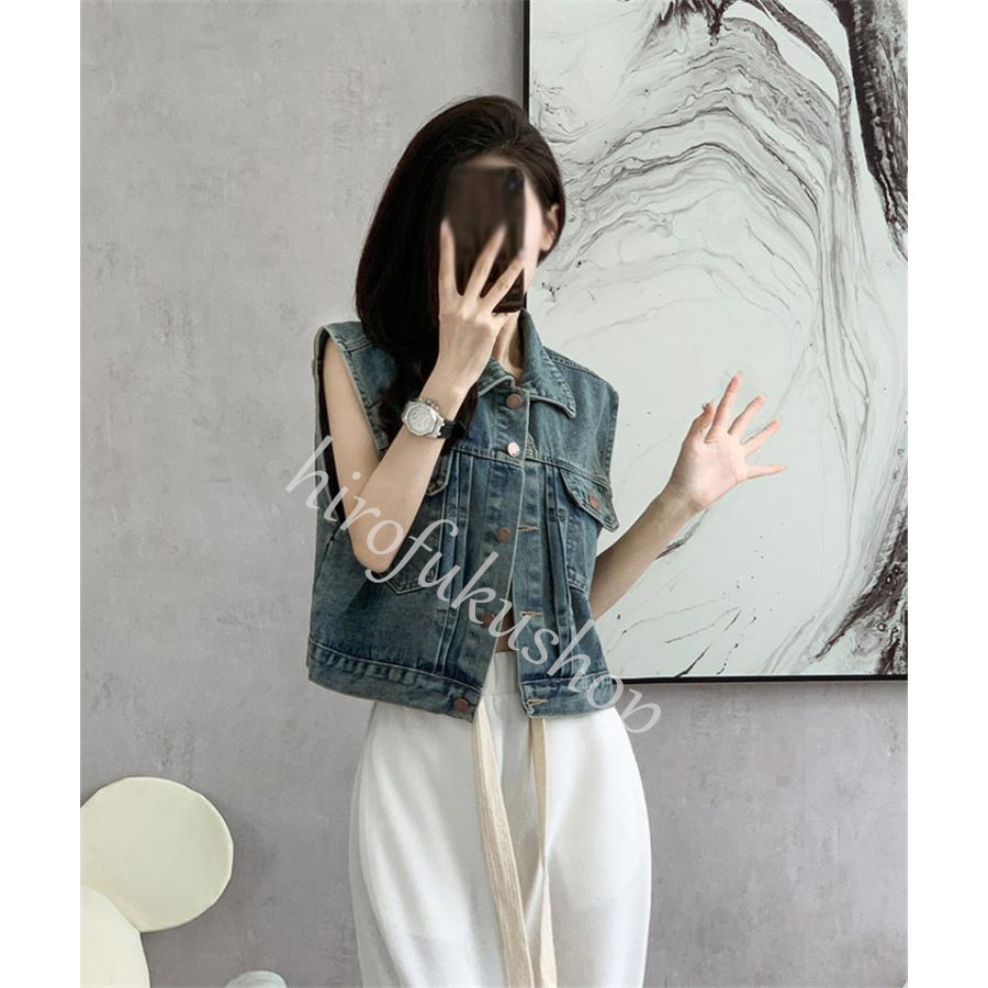 デニムベスト レディース ジレ ベスト ノースリーブ トップス アウター 前開き デニムジャケット 羽織り ショート丈 着痩せ カジュアル シンプル 