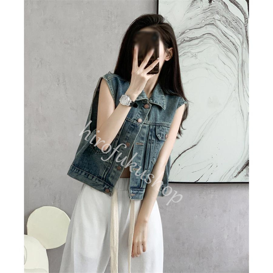 デニムベスト レディース ジレ ベスト ノースリーブ トップス アウター 前開き デニムジャケット 羽織り ショート丈 着痩せ カジュアル シンプル 