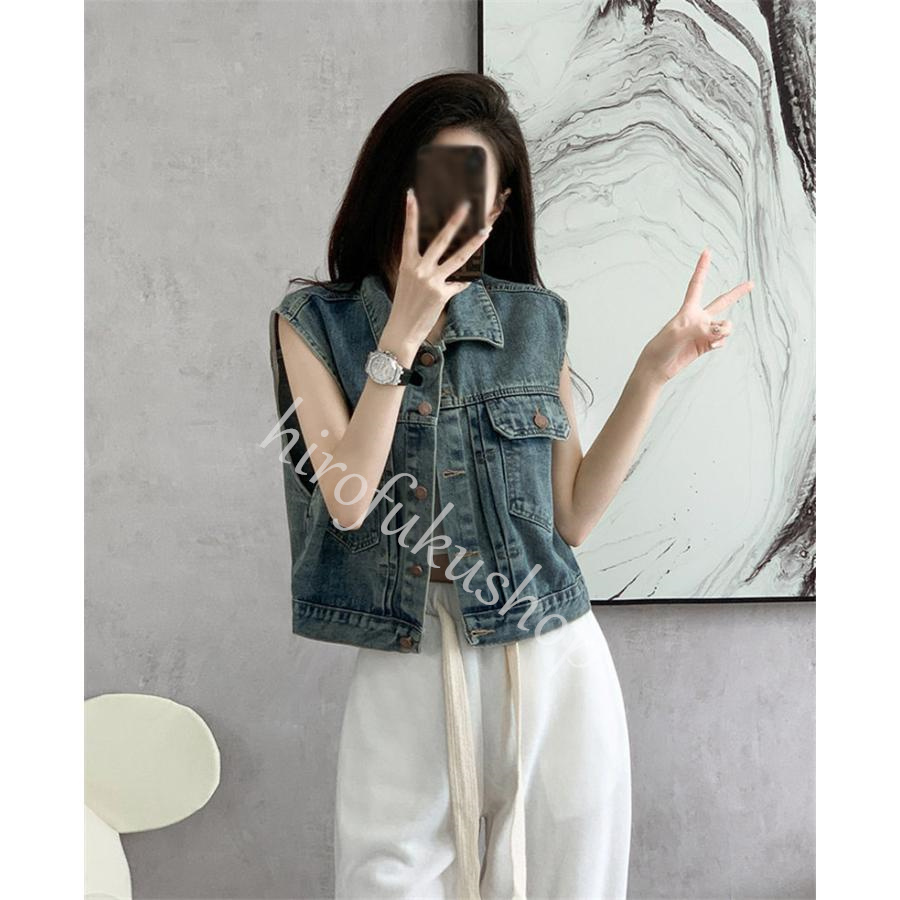 デニムベスト レディース ジレ ベスト ノースリーブ トップス アウター 前開き デニムジャケット 羽織り ショート丈 着痩せ カジュアル シンプル 