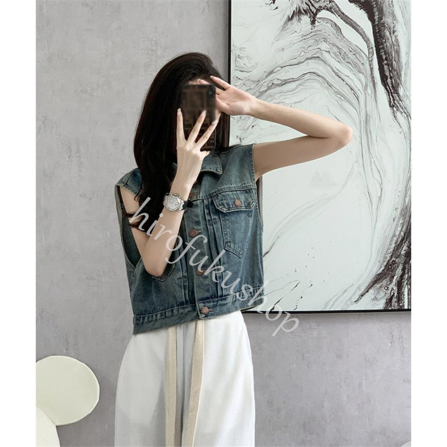 デニムベスト レディース ジレ ベスト ノースリーブ トップス アウター 前開き デニムジャケット 羽織り ショート丈 着痩せ カジュアル シンプル 