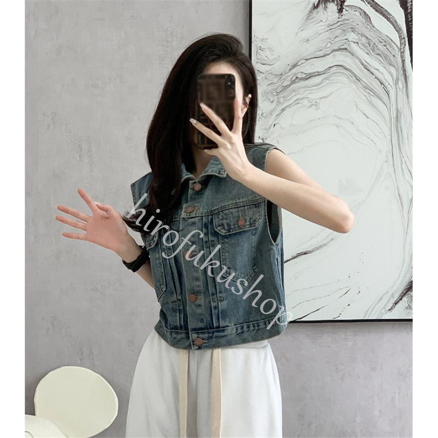 デニムベスト レディース ジレ ベスト ノースリーブ トップス アウター 前開き デニムジャケット 羽織り ショート丈 着痩せ カジュアル シンプル 