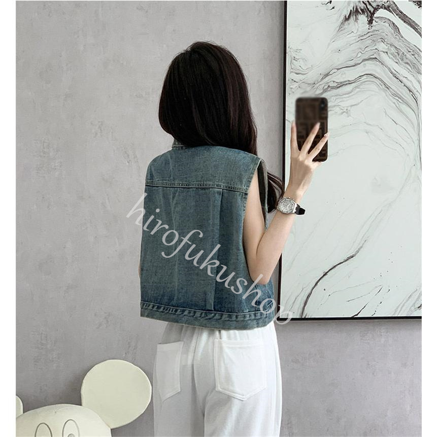 デニムベスト レディース ジレ ベスト ノースリーブ トップス アウター 前開き デニムジャケット 羽織り ショート丈 着痩せ カジュアル シンプル 