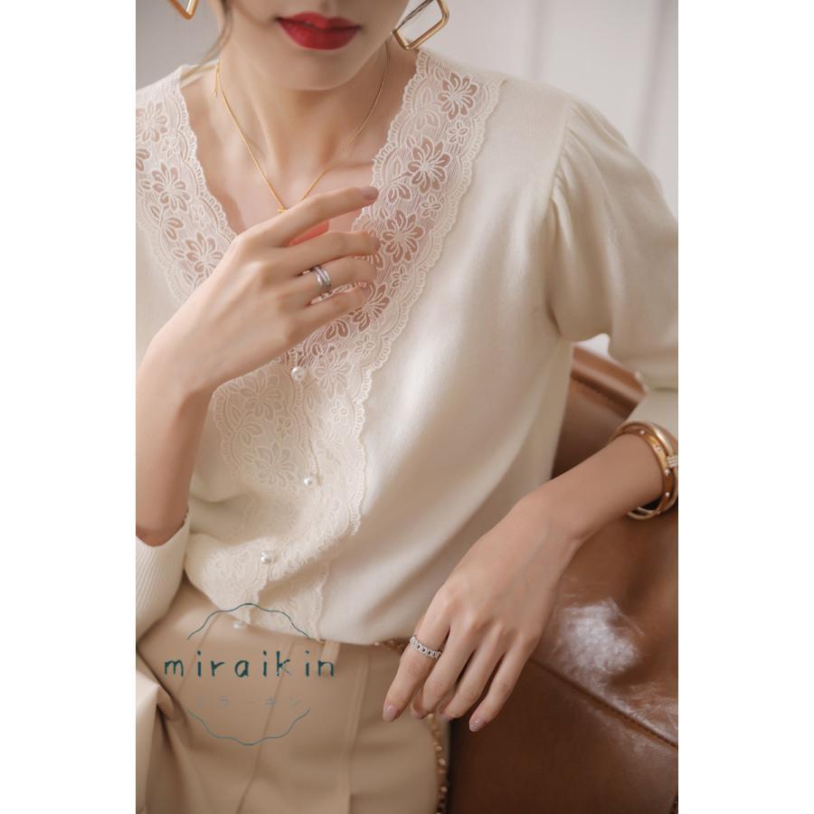 ニットトップス レディース 春 夏 春夏 黒 レース 白 サマーニット ホワイト Vネック 長袖 ブラック トップス 体型カバー ゆったり 30代 セーター 
