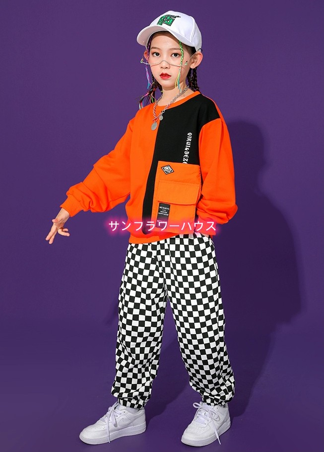 子供服 ヒップホップ キッズダンス 衣装 セットアップ シャツ オレンジ ｔシャツ ジャス 男の子 女の子 韓国 緑 トップス チェックパンツ 