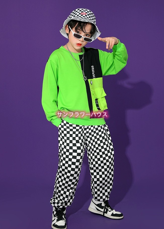子供服 ヒップホップ キッズダンス 衣装 セットアップ シャツ オレンジ ｔシャツ ジャス 男の子 女の子 韓国 緑 トップス チェックパンツ 