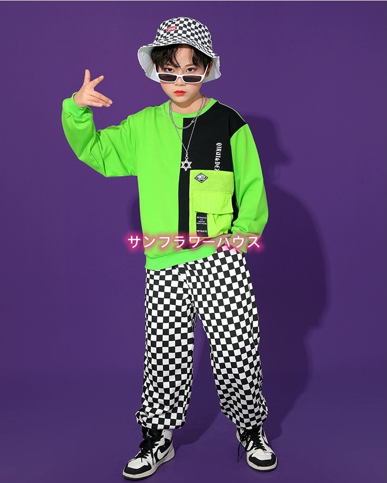 子供服 ヒップホップ キッズダンス 衣装 セットアップ シャツ オレンジ ｔシャツ ジャス 男の子 女の子 韓国 緑 トップス チェックパンツ 