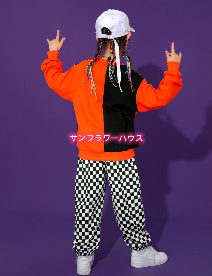 子供服 ヒップホップ キッズダンス 衣装 セットアップ シャツ オレンジ ｔシャツ ジャス 男の子 女の子 韓国 緑 トップス チェックパンツ 