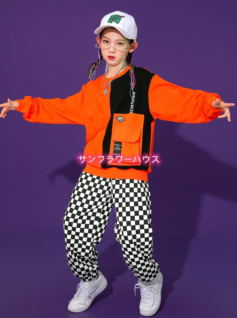子供服 ヒップホップ キッズダンス 衣装 セットアップ シャツ オレンジ ｔシャツ ジャス 男の子 女の子 韓国 緑 トップス チェックパンツ 