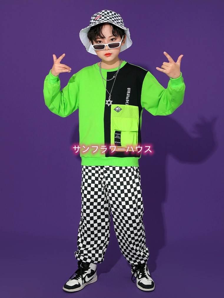 子供服 ヒップホップ キッズダンス 衣装 セットアップ シャツ オレンジ ｔシャツ ジャス 男の子 女の子 韓国 緑 トップス チェックパンツ 