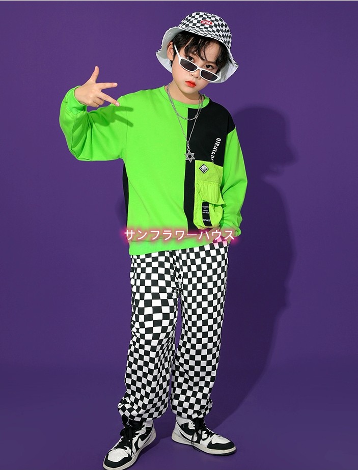 子供服 ヒップホップ キッズダンス 衣装 セットアップ シャツ オレンジ ｔシャツ ジャス 男の子 女の子 韓国 緑 トップス チェックパンツ 