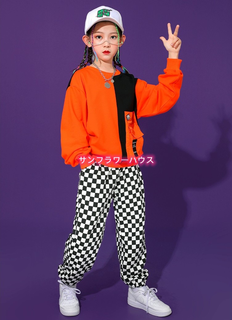 子供服 ヒップホップ キッズダンス 衣装 セットアップ シャツ オレンジ ｔシャツ ジャス 男の子 女の子 韓国 緑 トップス チェックパンツ 