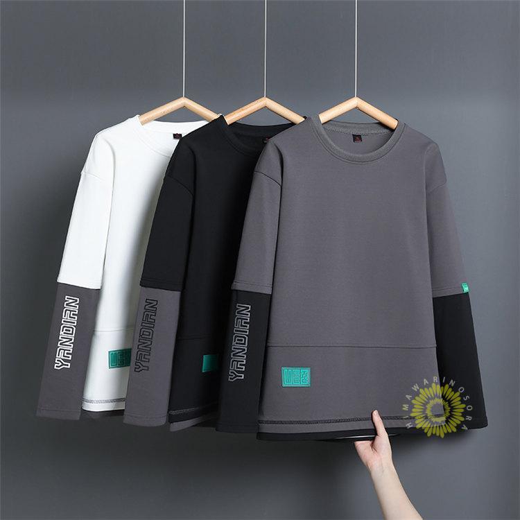 長袖Tシャツ メンズ Tシャツ 無地 レイヤード風 プルオーバー 秋ファッション ティーシャツ クルーネック カジュアル 英字 長袖 トップス 