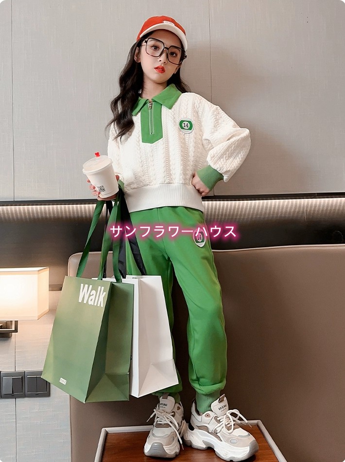 ジャージ キッズ 上下セット 子供服 女の子 秋服 長袖 セットアップ 子供ジャージ 長ズボンスポーツ Tシャツ ロングパンツ ジャージパンツ 緑 ジュニア 