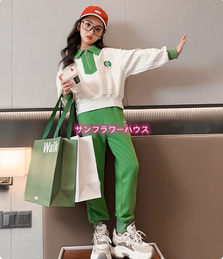 ジャージ キッズ 上下セット 子供服 女の子 秋服 長袖 セットアップ 子供ジャージ 長ズボンスポーツ Tシャツ ロングパンツ ジャージパンツ 緑 ジュニア 