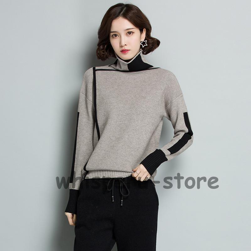 ニットセーター レディース ニット 長袖 ニットソー バイ配色 タートルネック 韓国風 エレ秋冬 通勤 ハイネック 上品 