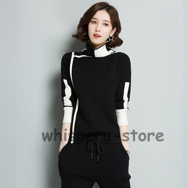 ニットセーター レディース ニット 長袖 ニットソー バイ配色 タートルネック 韓国風 エレ秋冬 通勤 ハイネック 上品 