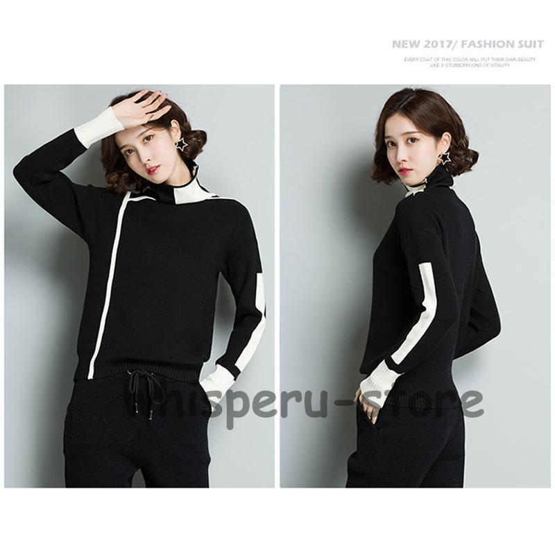 ニットセーター レディース ニット 長袖 ニットソー バイ配色 タートルネック 韓国風 エレ秋冬 通勤 ハイネック 上品 