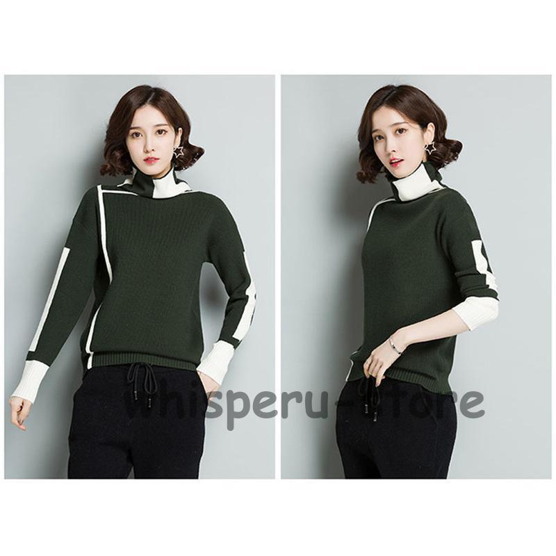 ニットセーター レディース ニット 長袖 ニットソー バイ配色 タートルネック 韓国風 エレ秋冬 通勤 ハイネック 上品 