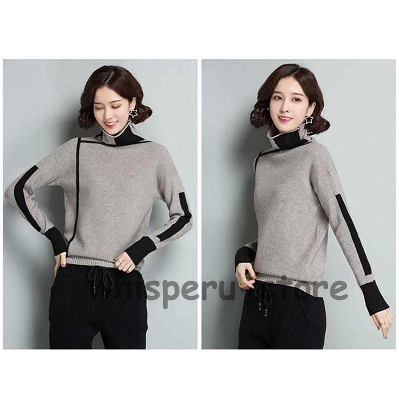 ニットセーター レディース ニット 長袖 ニットソー バイ配色 タートルネック 韓国風 エレ秋冬 通勤 ハイネック 上品 