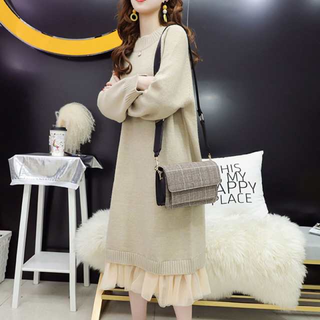 ニットワンピース 秋冬 ワンピース 長袖 裾チュール切り替え カシュクール クールネ ロングセーター 大人 ゆったり ワンピースレディース 