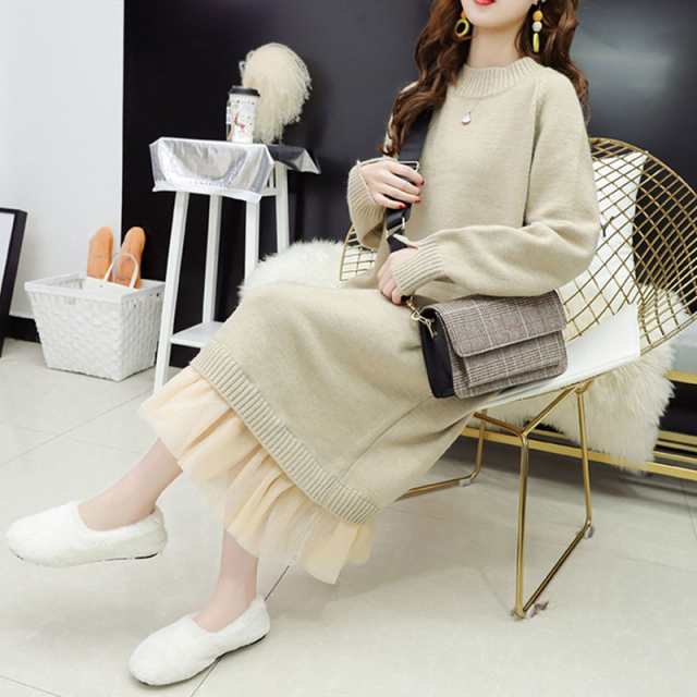 ニットワンピース 秋冬 ワンピース 長袖 裾チュール切り替え カシュクール クールネ ロングセーター 大人 ゆったり ワンピースレディース 