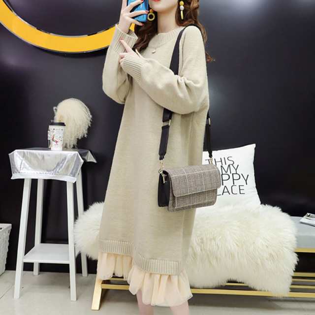 ニットワンピース 秋冬 ワンピース 長袖 裾チュール切り替え カシュクール クールネ ロングセーター 大人 ゆったり ワンピースレディース 