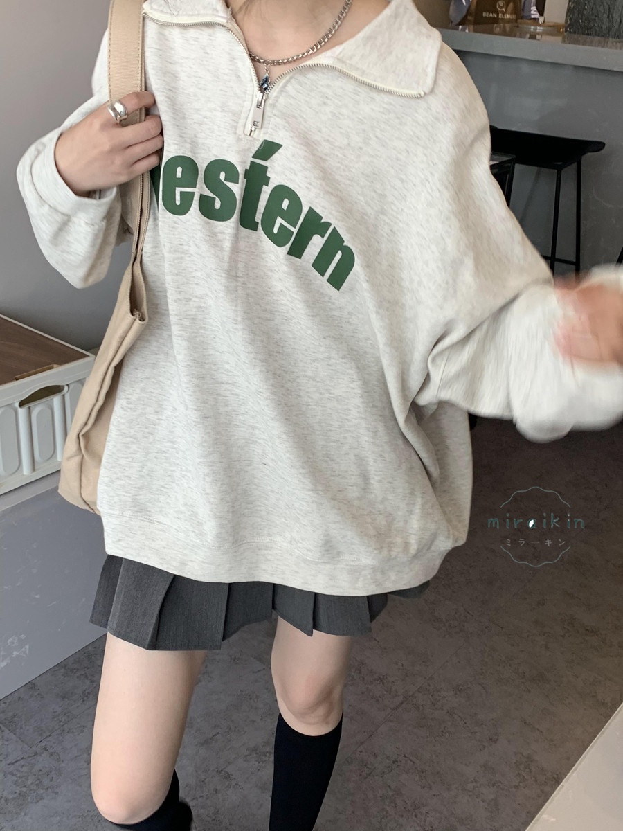 トレーナー レディース 長袖 トップス プルオーバー スウェット ゆったり ハイネック Vネック ファッション 韓国風 ア ロゴトレーナー ファスナー ワイド 