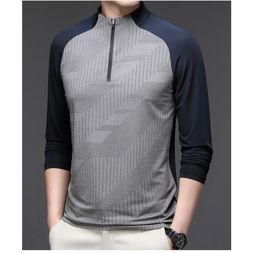 Tシャツ 長袖Tシャツ メンズ ボトルネック 通気性 弾力性 トップス 長袖 プルオーバー 配色 ストレッチ ファスナー 速乾性 