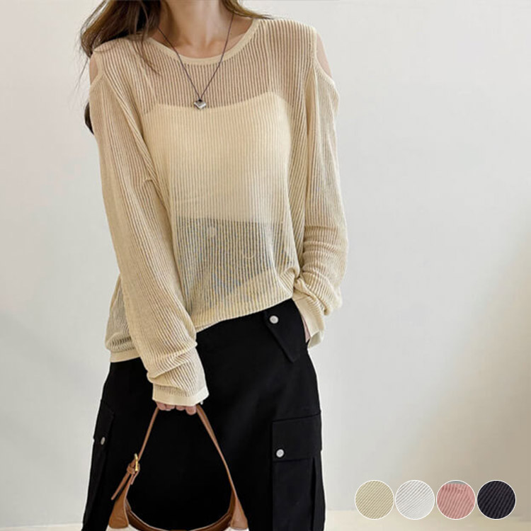 トップス レディース 長袖 透け感 シアートップス シースルー 韓国 肩見せ 春 カット クルーネック ゆったり ニット おしゃれ 編み カジュアル 