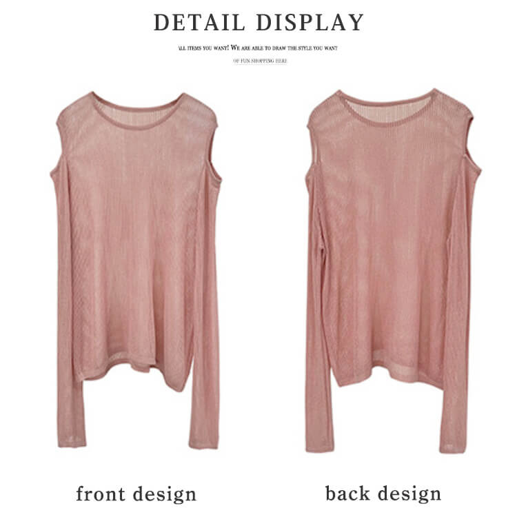 トップス レディース 長袖 透け感 シアートップス シースルー 韓国 肩見せ 春 カット クルーネック ゆったり ニット おしゃれ 編み カジュアル 