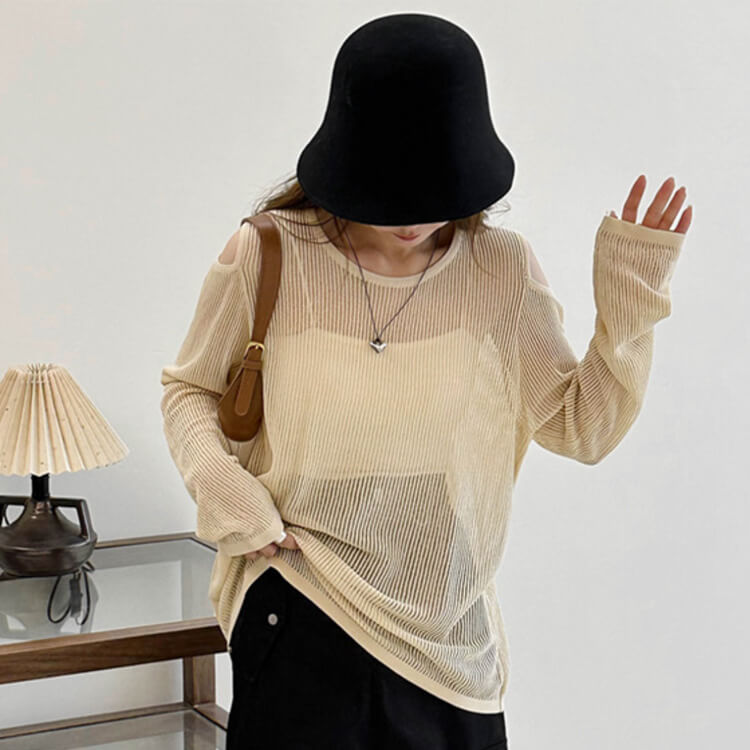 トップス レディース 長袖 透け感 シアートップス シースルー 韓国 肩見せ 春 カット クルーネック ゆったり ニット おしゃれ 編み カジュアル 
