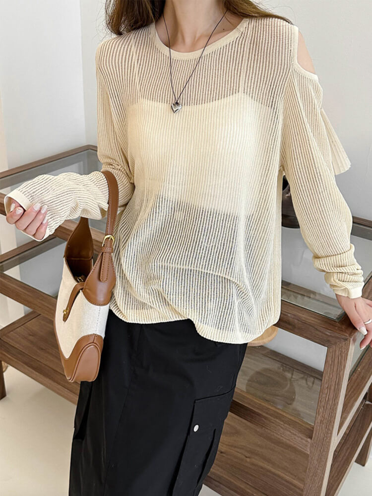 トップス レディース 長袖 透け感 シアートップス シースルー 韓国 肩見せ 春 カット クルーネック ゆったり ニット おしゃれ 編み カジュアル 