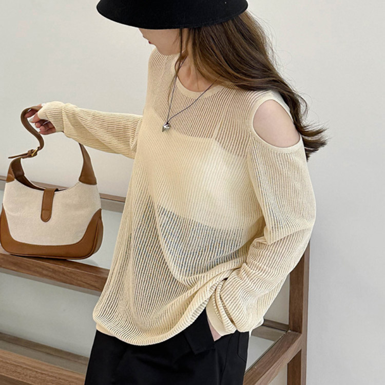 トップス レディース 長袖 透け感 シアートップス シースルー 韓国 肩見せ 春 カット クルーネック ゆったり ニット おしゃれ 編み カジュアル 