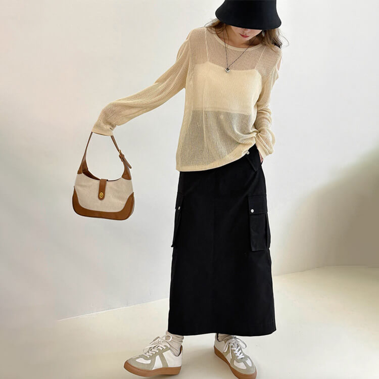 トップス レディース 長袖 透け感 シアートップス シースルー 韓国 肩見せ 春 カット クルーネック ゆったり ニット おしゃれ 編み カジュアル 