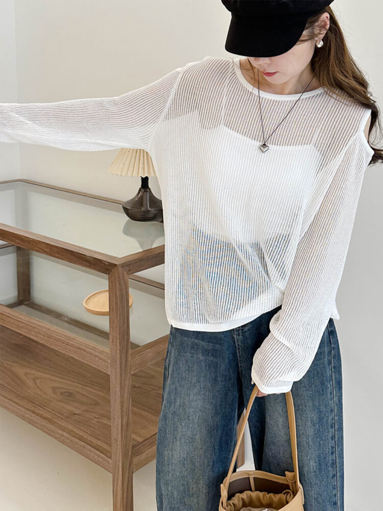 トップス レディース 長袖 透け感 シアートップス シースルー 韓国 肩見せ 春 カット クルーネック ゆったり ニット おしゃれ 編み カジュアル 
