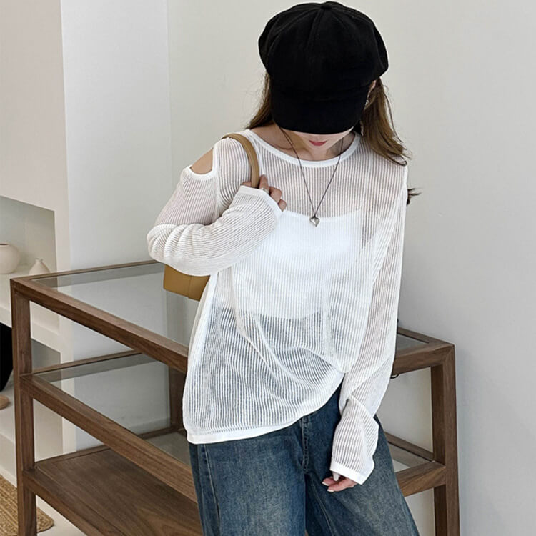 トップス レディース 長袖 透け感 シアートップス シースルー 韓国 肩見せ 春 カット クルーネック ゆったり ニット おしゃれ 編み カジュアル 