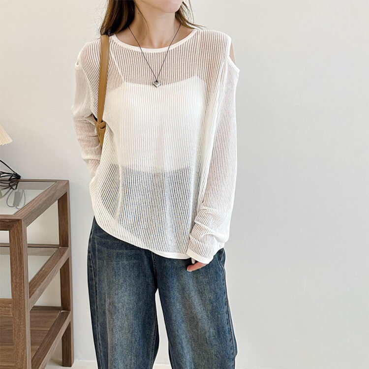トップス レディース 長袖 透け感 シアートップス シースルー 韓国 肩見せ 春 カット クルーネック ゆったり ニット おしゃれ 編み カジュアル 