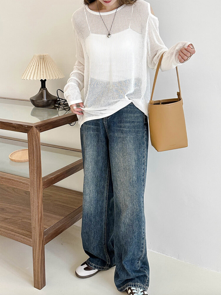 トップス レディース 長袖 透け感 シアートップス シースルー 韓国 肩見せ 春 カット クルーネック ゆったり ニット おしゃれ 編み カジュアル 