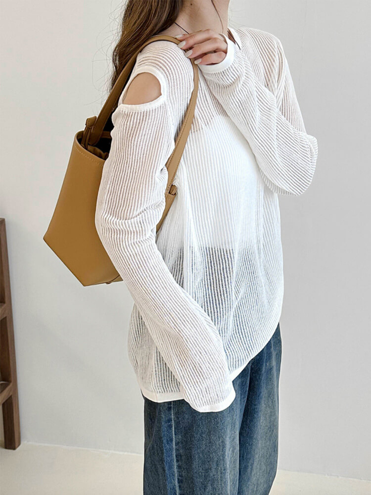 トップス レディース 長袖 透け感 シアートップス シースルー 韓国 肩見せ 春 カット クルーネック ゆったり ニット おしゃれ 編み カジュアル 