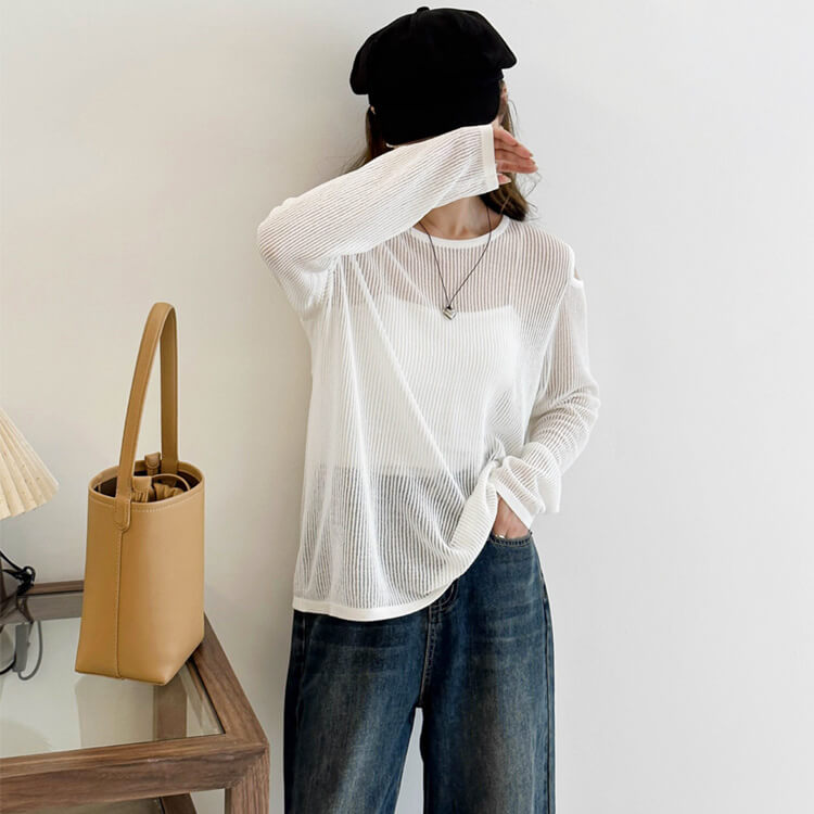 トップス レディース 長袖 透け感 シアートップス シースルー 韓国 肩見せ 春 カット クルーネック ゆったり ニット おしゃれ 編み カジュアル 