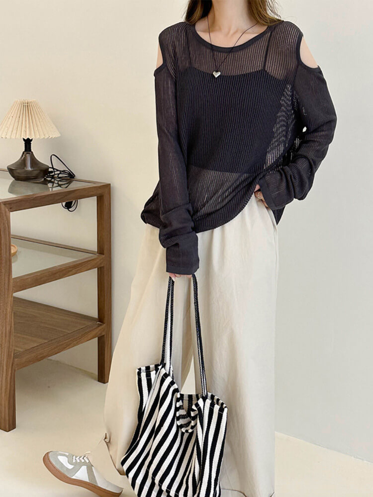 トップス レディース 長袖 透け感 シアートップス シースルー 韓国 肩見せ 春 カット クルーネック ゆったり ニット おしゃれ 編み カジュアル 