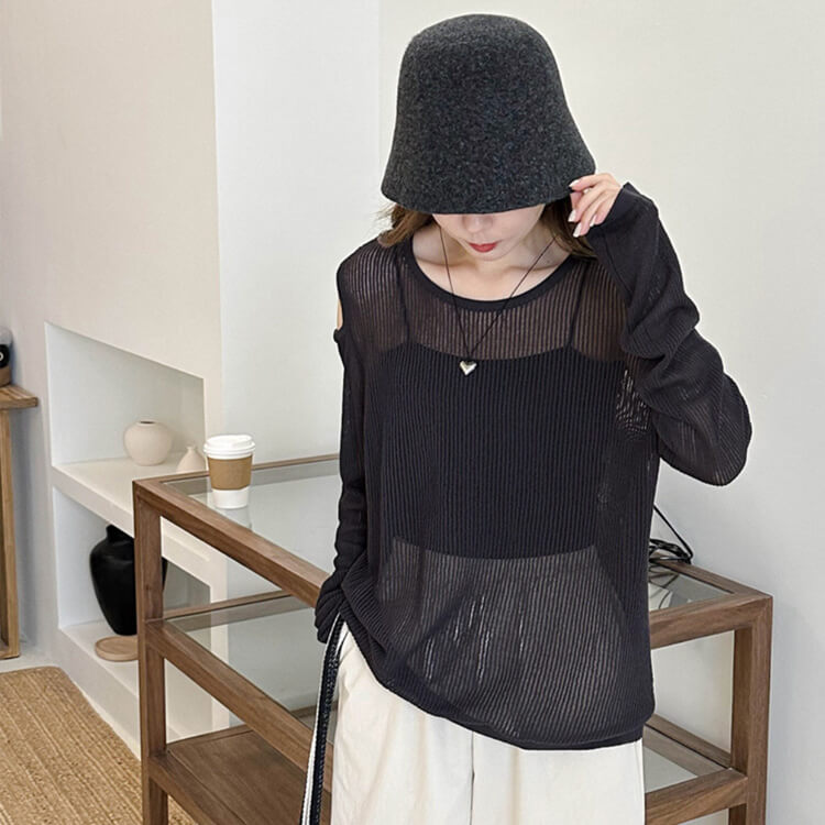 トップス レディース 長袖 透け感 シアートップス シースルー 韓国 肩見せ 春 カット クルーネック ゆったり ニット おしゃれ 編み カジュアル 