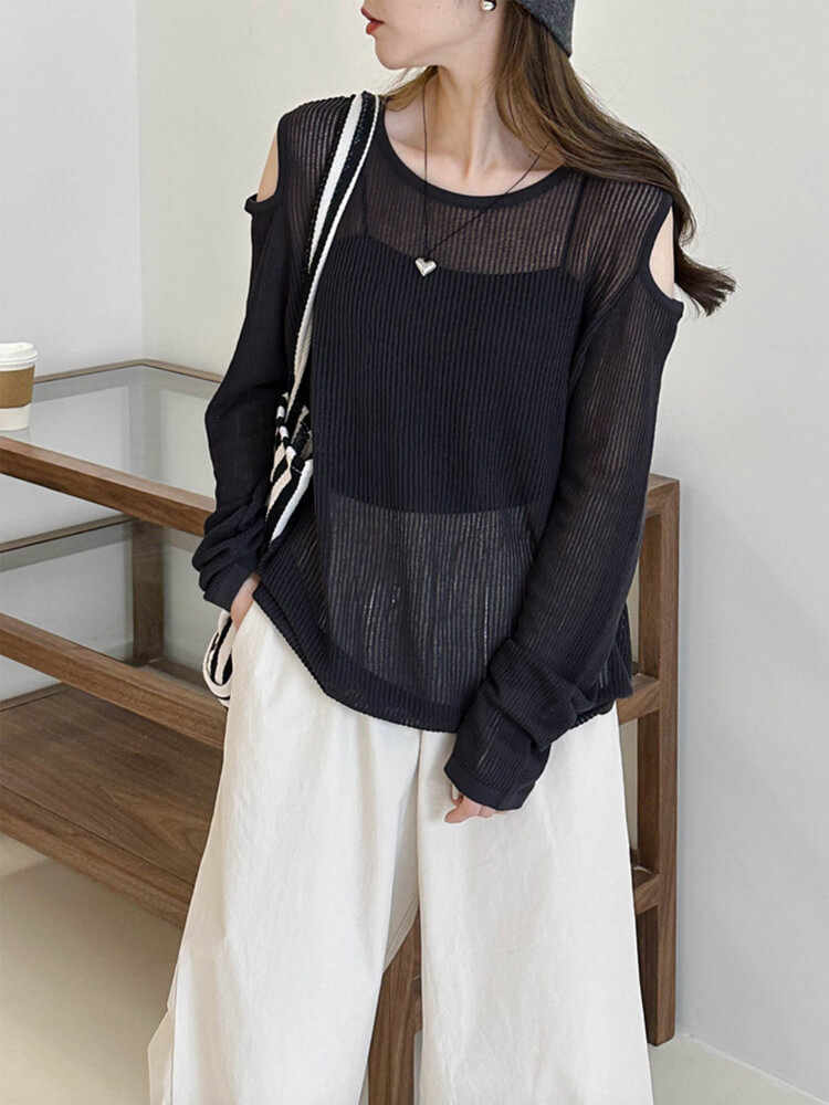 トップス レディース 長袖 透け感 シアートップス シースルー 韓国 肩見せ 春 カット クルーネック ゆったり ニット おしゃれ 編み カジュアル 