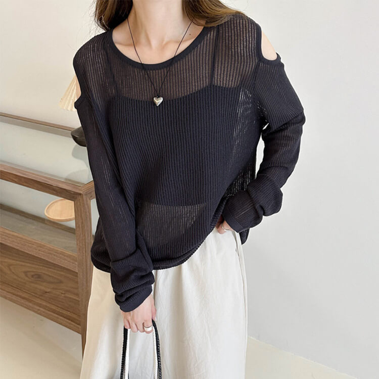 トップス レディース 長袖 透け感 シアートップス シースルー 韓国 肩見せ 春 カット クルーネック ゆったり ニット おしゃれ 編み カジュアル 