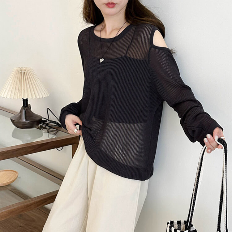 トップス レディース 長袖 透け感 シアートップス シースルー 韓国 肩見せ 春 カット クルーネック ゆったり ニット おしゃれ 編み カジュアル 