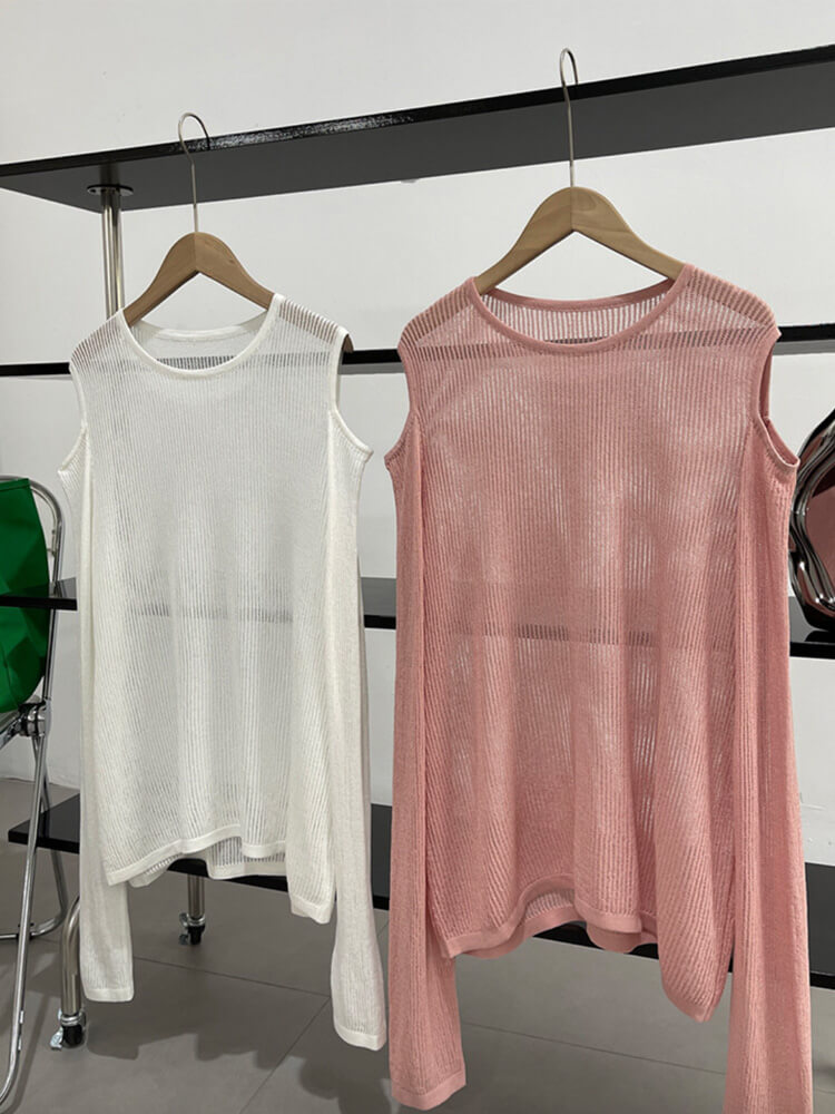 トップス レディース 長袖 透け感 シアートップス シースルー 韓国 肩見せ 春 カット クルーネック ゆったり ニット おしゃれ 編み カジュアル 