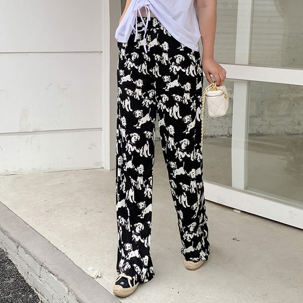 あり ワイドパンツ DOGプリント ハイウエスト ストレート モノトーン ダンス 個性的服 衣装 秋 韓国ファッション パンツ イージーパンツ 夏 春 黒 